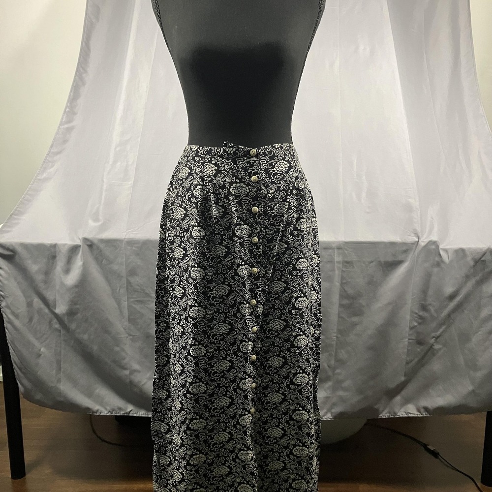 Jones New York Sport Skirt Womens 6 Black Floral Button Front A Line Long USA